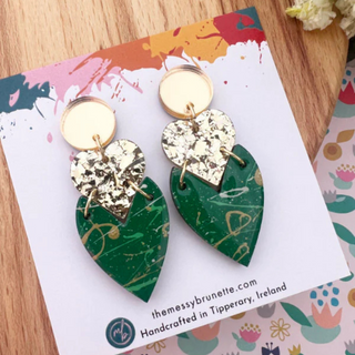 Messy Brunette Stacked Heart Earring Green & Gold