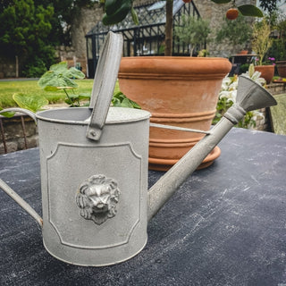 zinc watering can with lion motif design