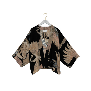 One Hundred Stars Short Crepe Kimono - Crane - Black