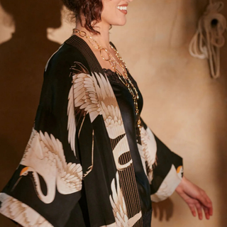 One Hundred Stars Crepe Kimono Stork Black