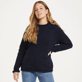 Aran Ladies Roll Neck Raglan Navy - Small