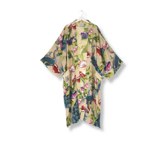 One Hundred Stars Peacock and Poppies Sand Long Kimono