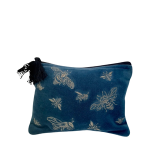 Pouch Corduroy with Embroidered Bees Blue
