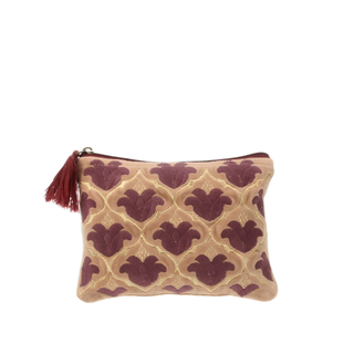 Velvet Comestic Bag with Tulip Design Purple and Gold