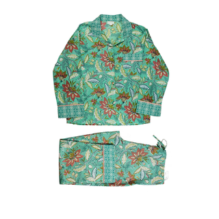 Powell Craft Pyjama Turquoise Pink and Olive Floral Block Print