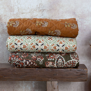 Quilted Throw with Batik Pattern Green & Terracott