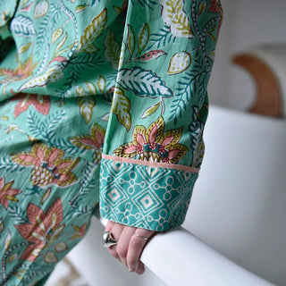 Powell Craft Pyjama Turquoise Pink and Olive Floral Block Print
