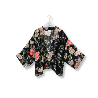 One Hundred  Stars Short Crepe Kimono Trailing Blossom Black