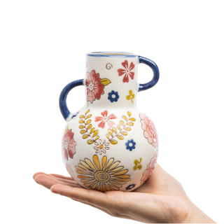 Small Vase with Flower Motif Navy Pink & Yellow