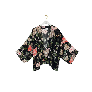 One Hundred  Stars Short Kimono Trailing Blossom Black Crepe