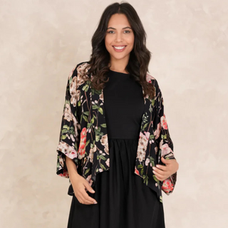 One Hundred  Stars Short Kimono Trailing Blossom Black Crepe