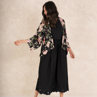 One Hundred  Stars Short Kimono Trailing Blossom Black Crepe