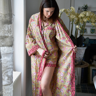 Powell Craft Yellow and Pink Printed Dressing Gown