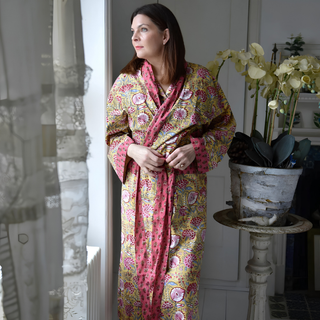 Powell Craft Yellow and Pink Printed Dressing Gown