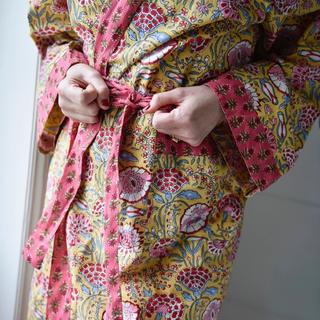 Powell Craft Yellow and Pink Printed Dressing Gown