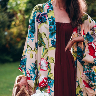 One Hundred Stars Peacock and Poppies Sand Long Kimono